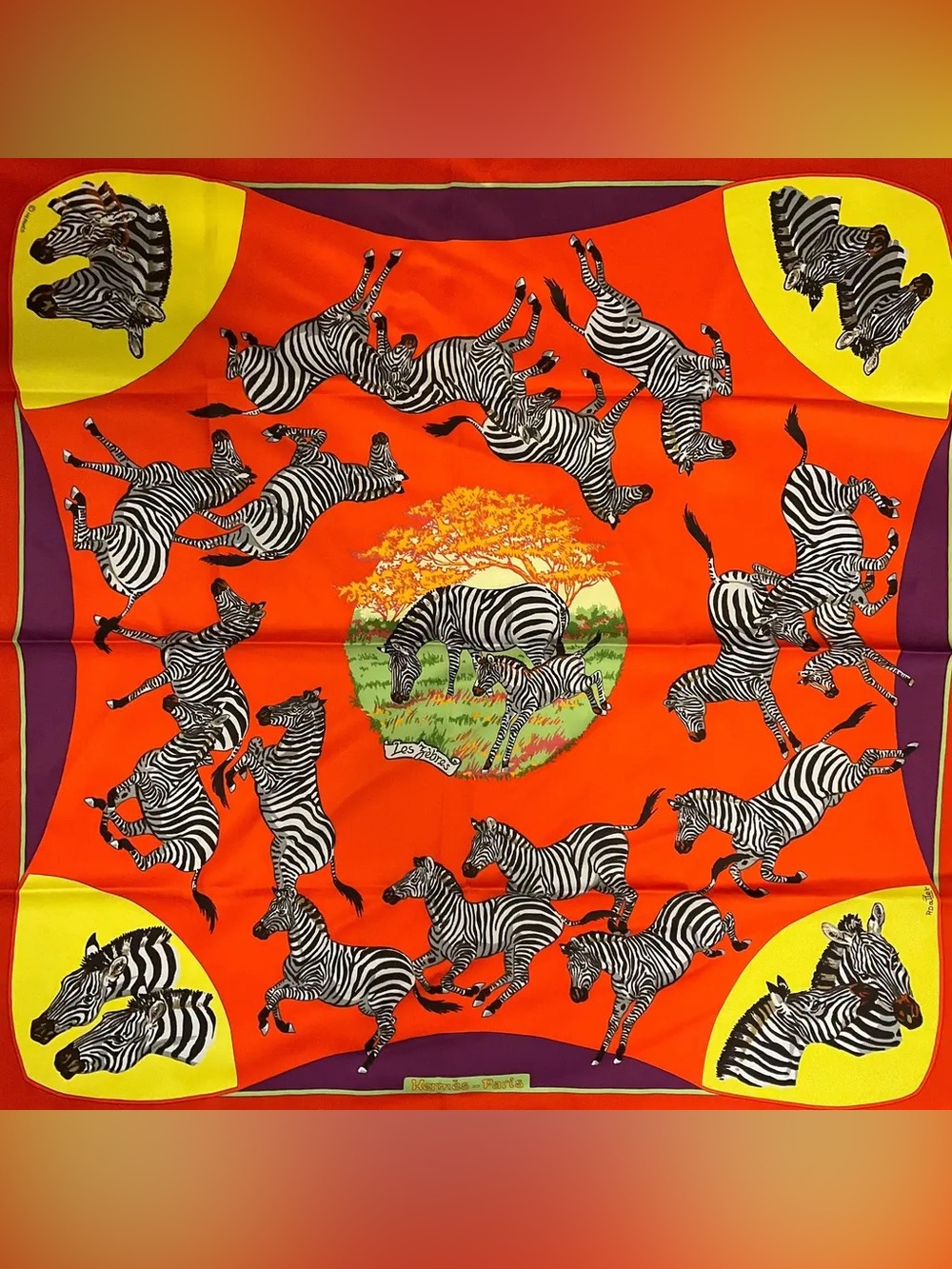 Hermes Orange Multi Les Zebres Print Square Silk Twill Scarf new in box cards